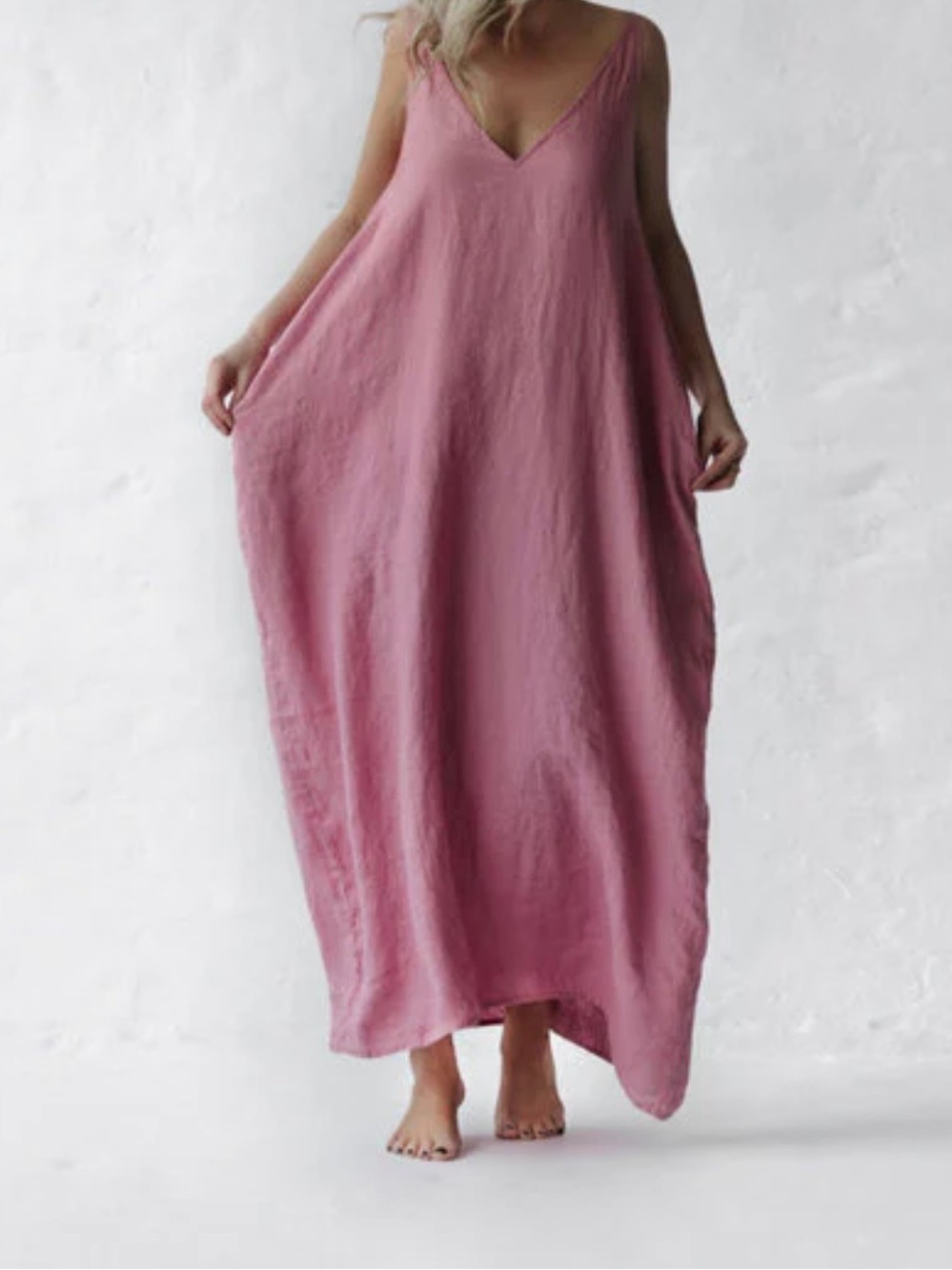 Seaside Tones 100% Linen Relaxed V-Neck Pink Maxi Skirt Dress One Size